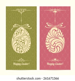 Vector set of vintage ornamental Easter templates banners. Happy Easter ornate retro design