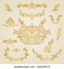 Vector set of vintage ornaments in Eastern style. Ornate element for design and place for text. Ornamental lace patterns for wedding invitations and greeting cards. Traditional golden decor.