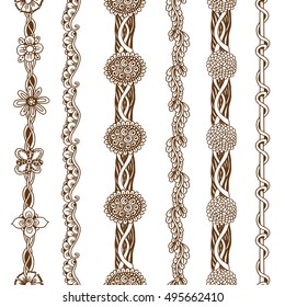 Vector set vintage ornate borders. Hand drawn henna mehndi tattoo doodle borders