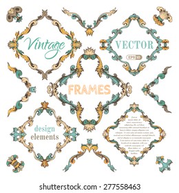 Vector set of vintage ornate frames. Retro hand-drawn frames and corners with retro ornament for page decoration. There are places for your text.