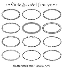 Vector set of vintage oval frames isolated on white background. Collection of simple borders with geometric patterns, curls for the design of banners, posters, cards, invitations, menu, paper prints