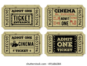 Vector set of vintage paper admit one and ticket samples icon
