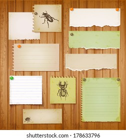 Vector set of vintage paper objects with bugs for your design 