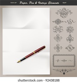 Conjunto de vectores: papel y pluma vintage (y elemento vintage para su diseño)