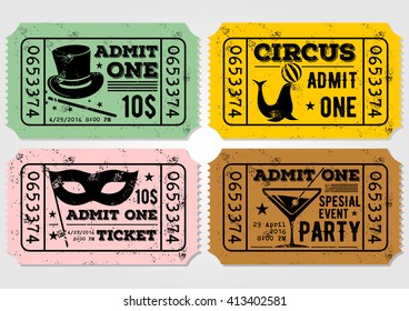 Vector set of vintage paper ticket and admit one samples icon