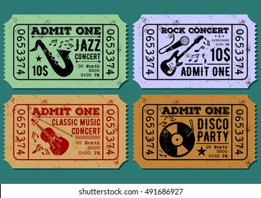 Vector set of vintage paper ticket and admit one samples icon