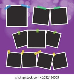 Vector set of vintage photo frame with adhesive tape on blur bokeh background.