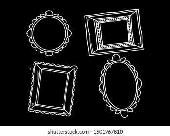 Vector set of vintage photo frames on black background, hand drawn doodle style