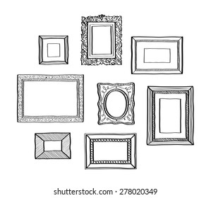 Vector set of vintage photo frames, hand drawn doodle style, antique ornamental and cute photo frames for decoration and design 