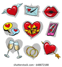 Vector set of vintage pop art comic fashionable love badges, patches, stickers. Elements for wedding and Valentines Day greeting card, printing.