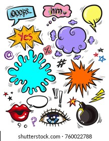Vector set of vintage pop art comic badges, patches, stickers and speech bubbles with fashion phrases and expressions Yes, Ooops, Hm.