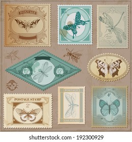 Vector Set: Vintage Post Stamps with Calligraphic Hand drawn Butterflies - for design and scrapbook