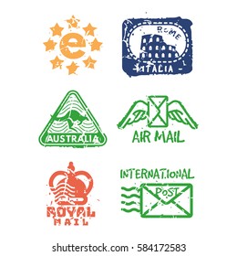 Vector set of vintage postage mail stamps.
