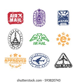 Vector set of vintage postage mail stamps.
