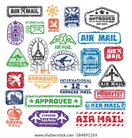 Vector set of vintage postage mail stamps.
