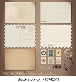 Vector set: Vintage postcard designs and postage stamps.