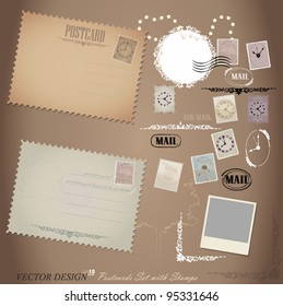 Vector set: Vintage postcard designs and postage stamps.
