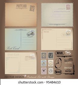 Vector set: Vintage postcard designs and postage stamps.