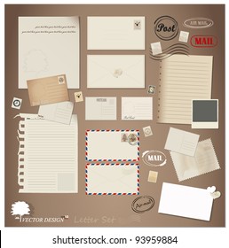 Vector set: Vintage postcard, envelope, stamp, card and blank paper designs.