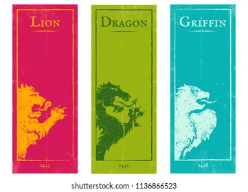 Vector set vintage posters with lion, griffin and dragon