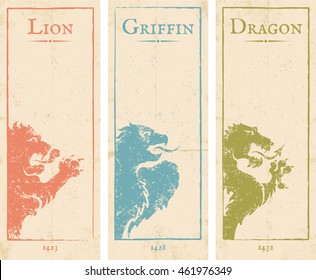 Vector set vintage posters with lion, griffin and dragon