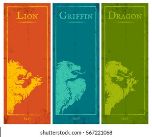 Vector set vintage posters with lion, griffin and dragon. Vintage colorful banners for games.