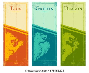 Vector set vintage posters with lion, griffin and dragon. Vintage colorful banners for games.