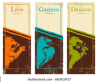 Vector set vintage posters with lion, griffin and dragon. Vintage colorful banners for games.