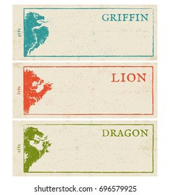 Vektor setzte Vintage-Plakate mit Löwe, Greifen und Drachen. Vintage-Papierbanner für Spiele.