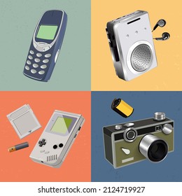 vector Set of vintage retro 70s-90s Nostalgia accessory gadget. Style item evoke feel of the decade cool symbol technology like mobile phone, Cassette tape player recorder, game, classic camera film.