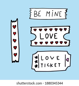 vector set - vintage retro stickers scotch tape. Cut paper scraps  stickers and tickets. Social media templates. Hearts and love for valentine's day. Doodle freehand style. 