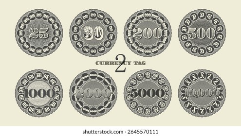 Conjunto de vetor de adesivos redondos vintage, etiquetas de preço e crachás, números. Denominações 25, 30, 200, 500, 1000, 2000, 5000 e 10000. Coleção de moedas, medalhas e fichas monetárias. Padrões guilhochados