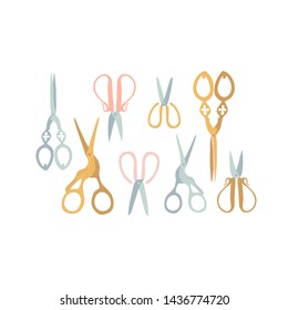 Vector set with vintage scissors in cartoon style. Gold, silver and colorful instruments in pastel colors. Isolated objects on white background