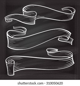 Vector set of vintage scrolls and ribbons on the chalkboard background
