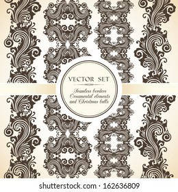 Vector set of vintage seamless borders with decorative ornamental elements and Christmas balls