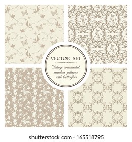 Vector set of vintage seamless ornamental patterns with butterflies