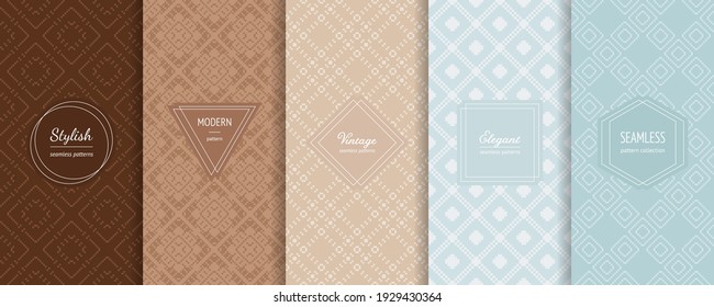 Vector set of vintage seamless patterns in traditional ethnic style. Tribal geometric ornament in trendy pastel colors. Elegant minimal stickers. Nordic winter Christmas textures. Abstract backgrounds