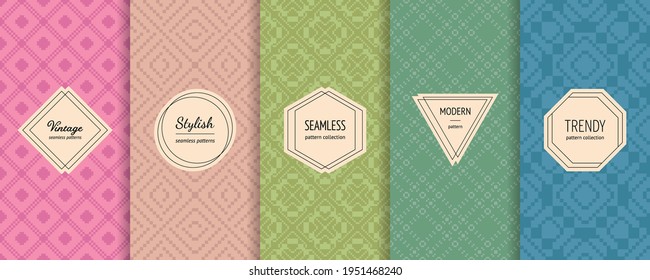 Conjunto vectorial de patrones vintage sin fisuras en estilo étnico tradicional. Antecedentes abstractos con etiquetas minimalistas elegantes.  Ornamento geométrico retro en tonos pastel de moda. Texturas nórdicas modernas