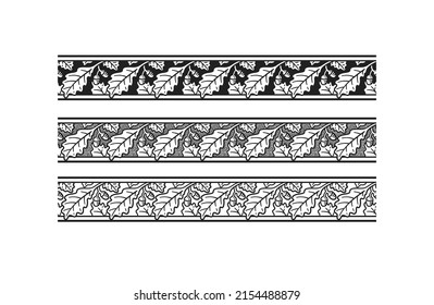 Vector set of vintage seamless patterns of oak tree leaves and acorns, antique natural engraved design elements