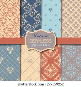 Vector set of vintage seamless patterns. Retro designs can be used for web page backgrounds, wallpapers, wrapping papers, invitation, congratulation or greeting cards.