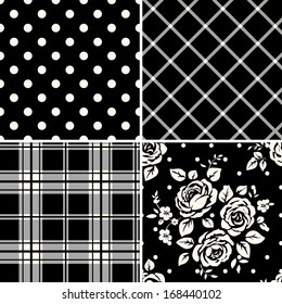 Vector set of vintage seamless wallpapers with flowers, grid and polka dot. Collection of monochrome patterns