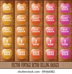 vector set of vintage selling badges on wooden background