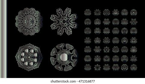 Vector set  vintage silver floral ornament on a black background. Ornamental round frames.