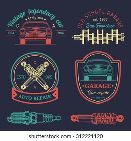 Vector set of vintage sketched garage logos. Retro car repair, auto service signs, icons collection for advertising posters, cards etc.