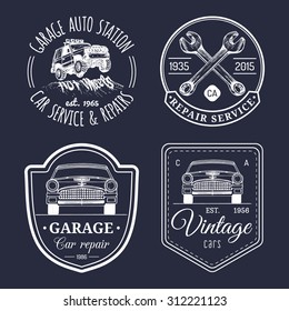 Vector set of vintage sketched garage logos. Retro car repair, auto service signs, icons collection for advertising posters, cards etc.