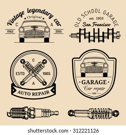 Vector set of vintage sketched garage logos. Retro car repair, auto service icons, signs  collection for advertising posters, cards etc.