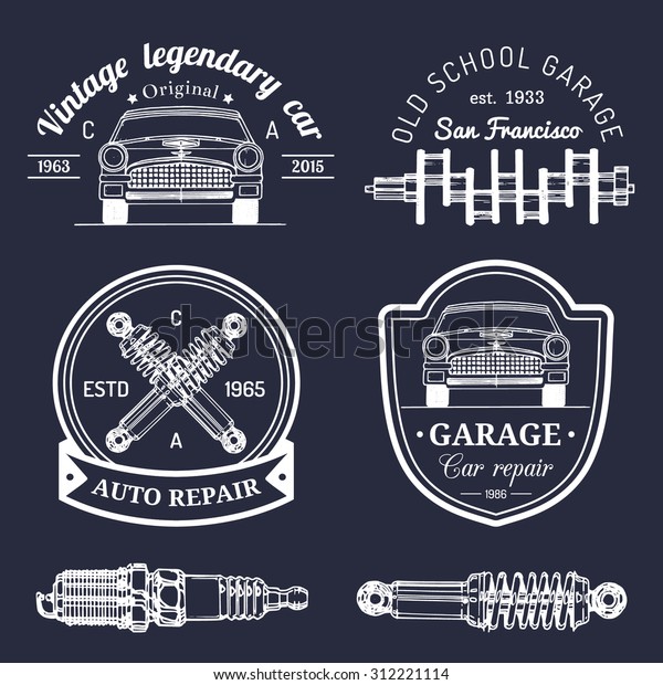 Vector set of vintage sketched garage logos. Retro\
car repair, auto service signs, icons collection for advertising\
posters, cards etc.