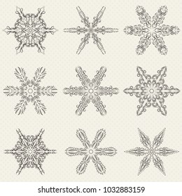 Vector set of vintage snowflakes on background