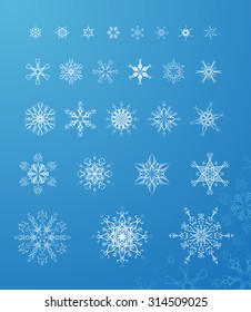 Vector set of vintage snowflakes. White ornate snowflakes on blue winter background. 