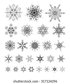 Vector set of vintage snowflakes for your winter design. 26 various snowflakes and stars for your Christmas design. Black ornate snowflakes isolated on white background. 